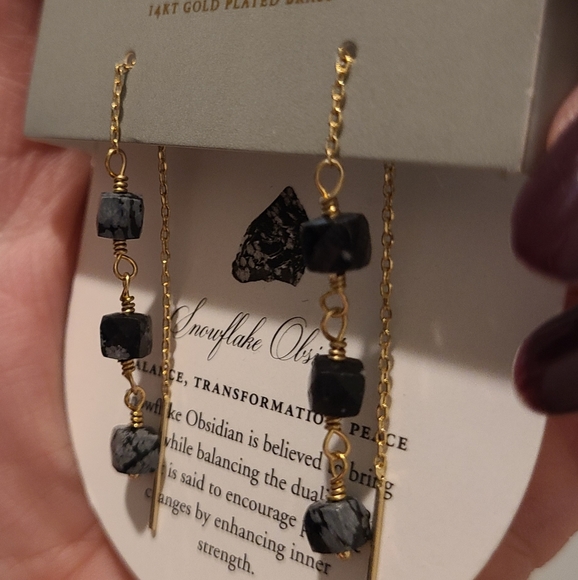 LUNA NORTE 14K GOLD PLATED ON BRASS CHANDELIER SNOWFLAKE OBSIDIAN GEMSTONE - Picture 8 of 12
